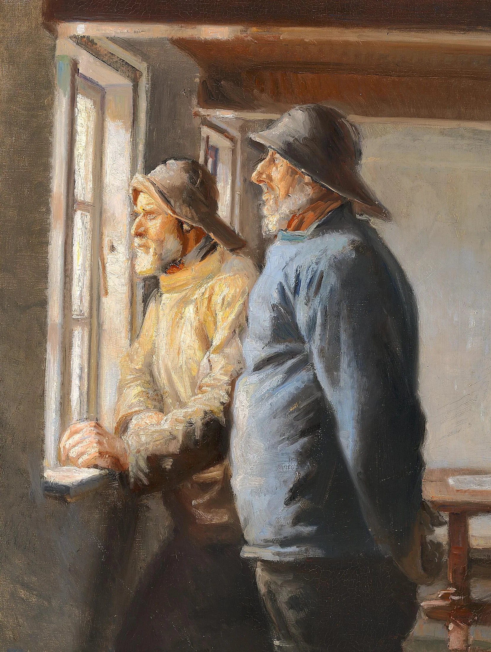 Deux pêcheurs de Skagen observent la mer par une fenêtre. - Michael Peter Ancher image 1 reproduction de peinture à l’huile