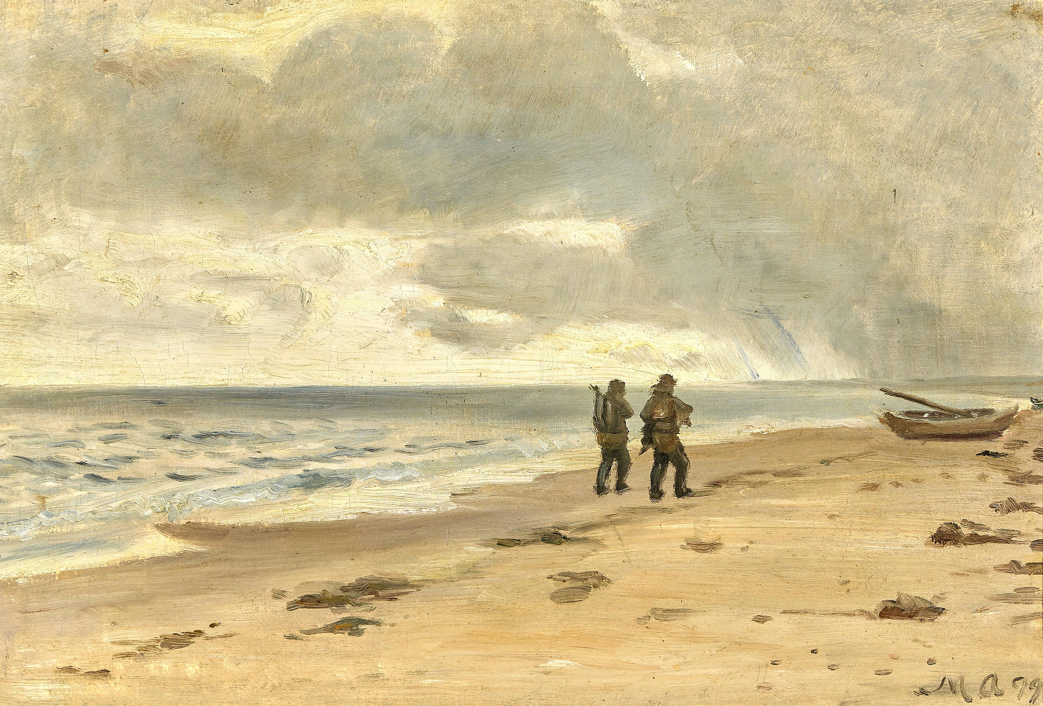 Deux pêcheurs sur la plage. Ciel gris au-dessus de la mer. - Michael Peter Ancher image 1 reproduction de peinture à l’huile