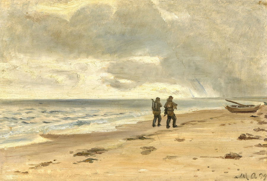Deux pêcheurs sur la plage. Ciel gris au-dessus de la mer. - Michael Peter Ancher