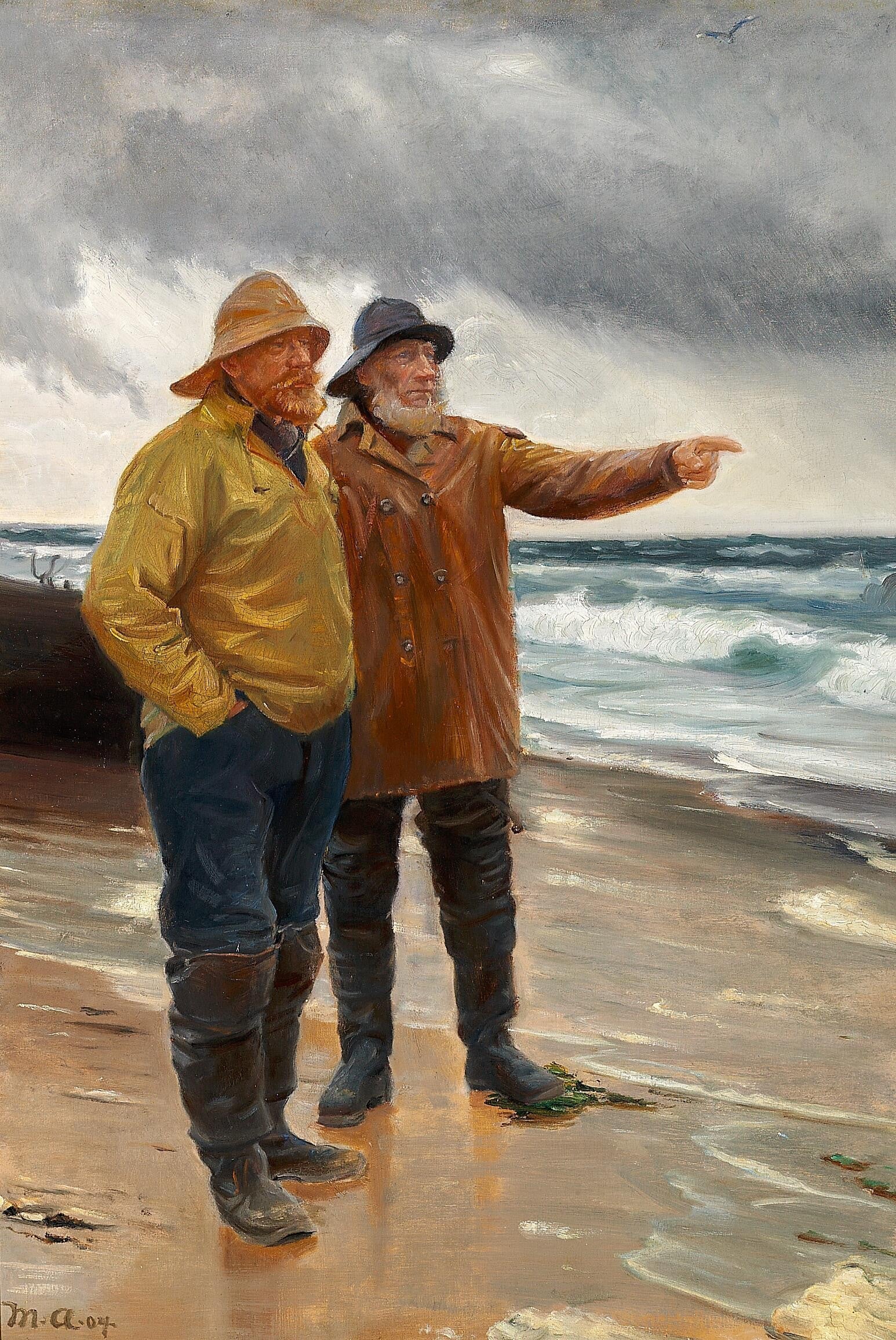 Deux pêcheurs sur la plage. L'un d'eux montre la mer du doigt. - Michael Peter Ancher image 1 reproduction d’œuvre d’art à l’huile