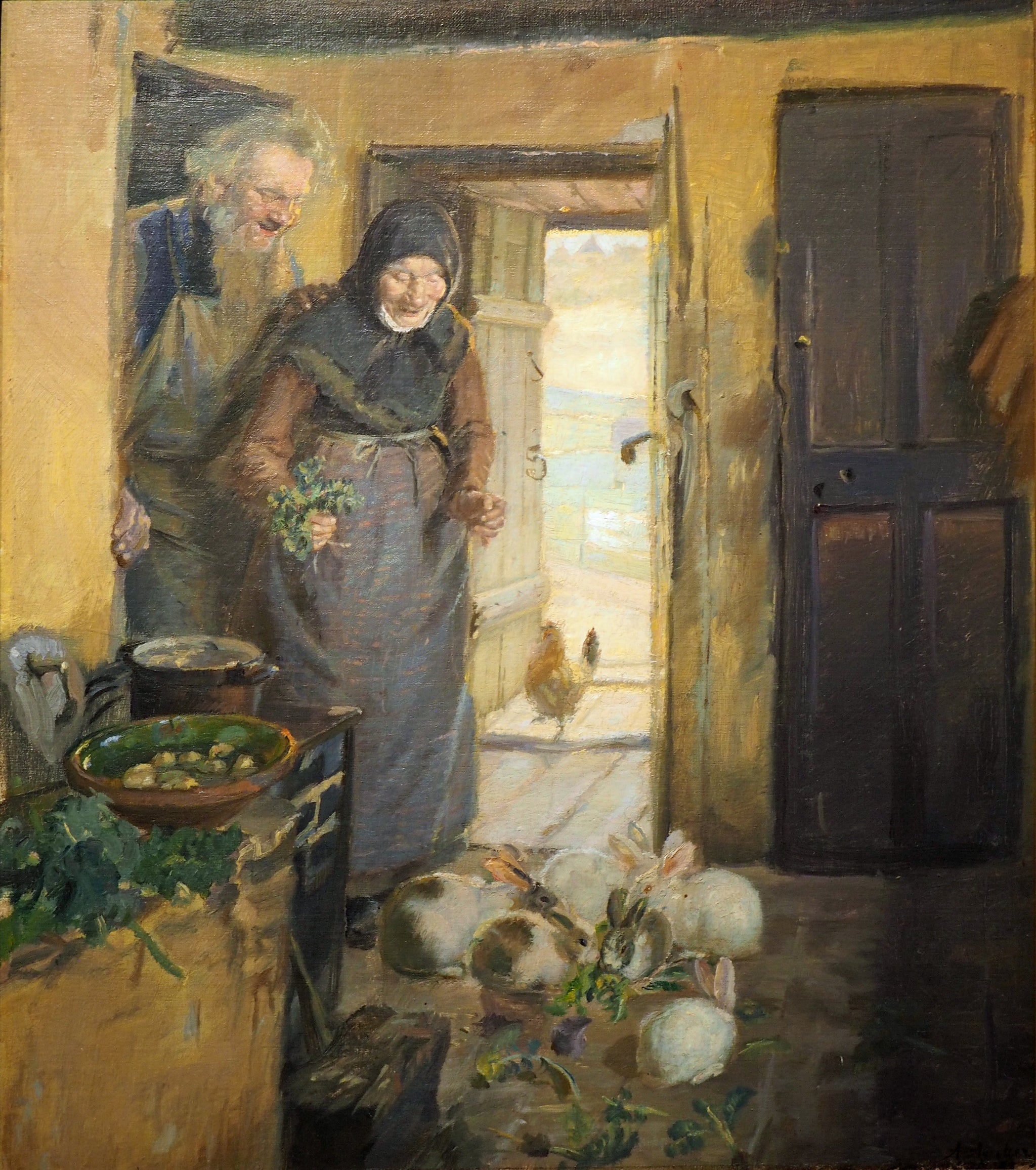 Deux personnes âgées et leurs lapins - Anna Ancher image 1 copie peinte à la main à l’huile