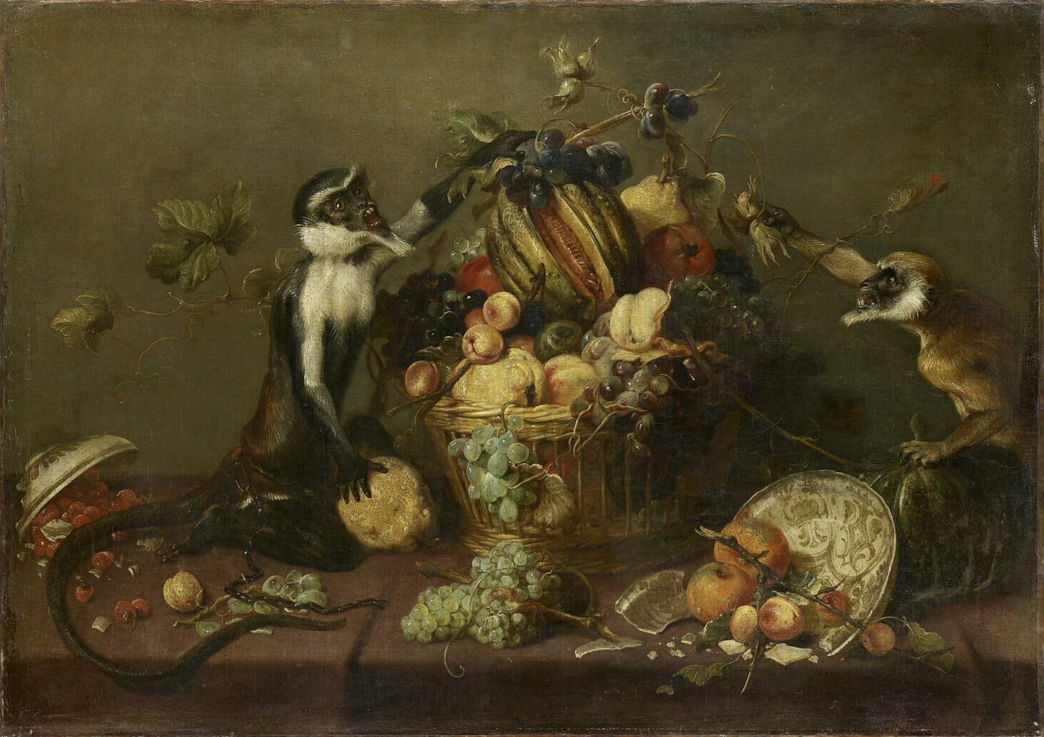 Deux Singes pillant une corbeille de fruits - Frans Snyders image 1 reproduction de peinture à l’huile