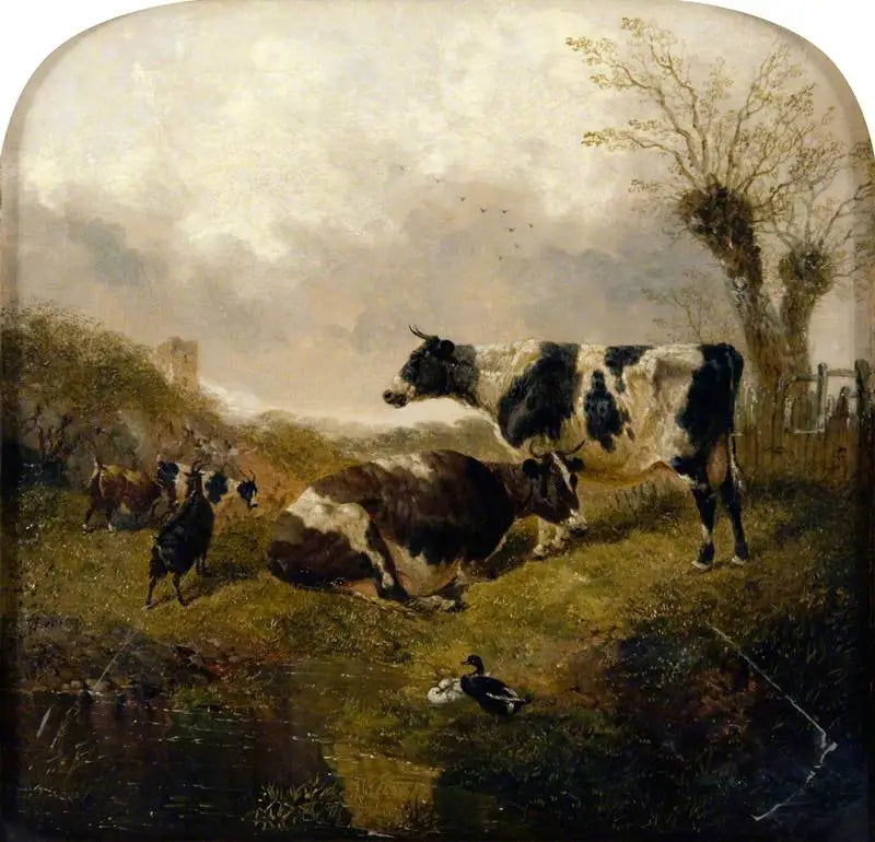 Deux vaches avec des chèvres et des canards dans un paysage - John Frederick Herring, Sr. image 1 reproduction d’œuvre d’art à l’huile