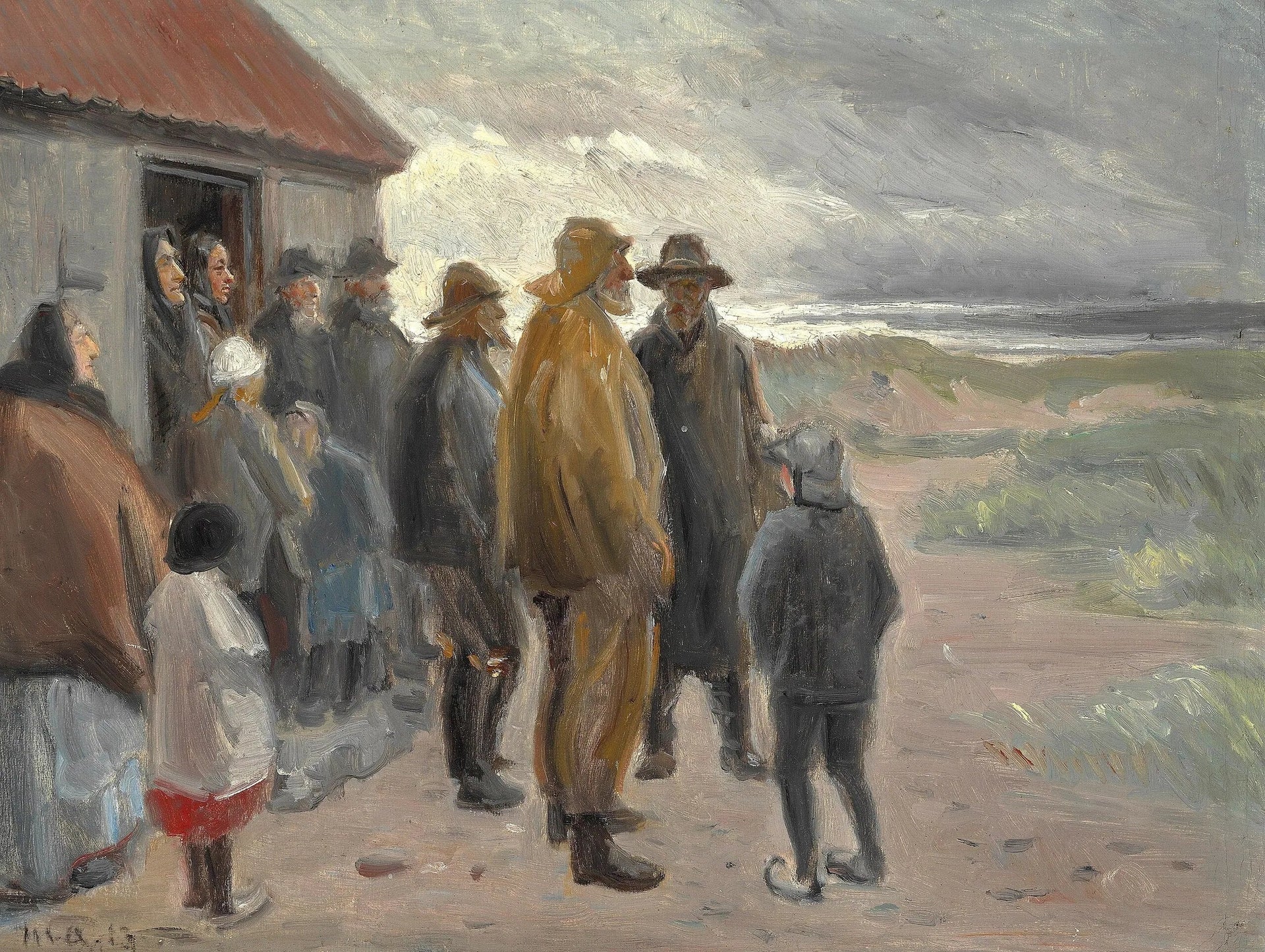 Devant la maison du pêcheur. Temps orageux, Skagen. - Michael Peter Ancher image 1 reproduction de peinture à l’huile