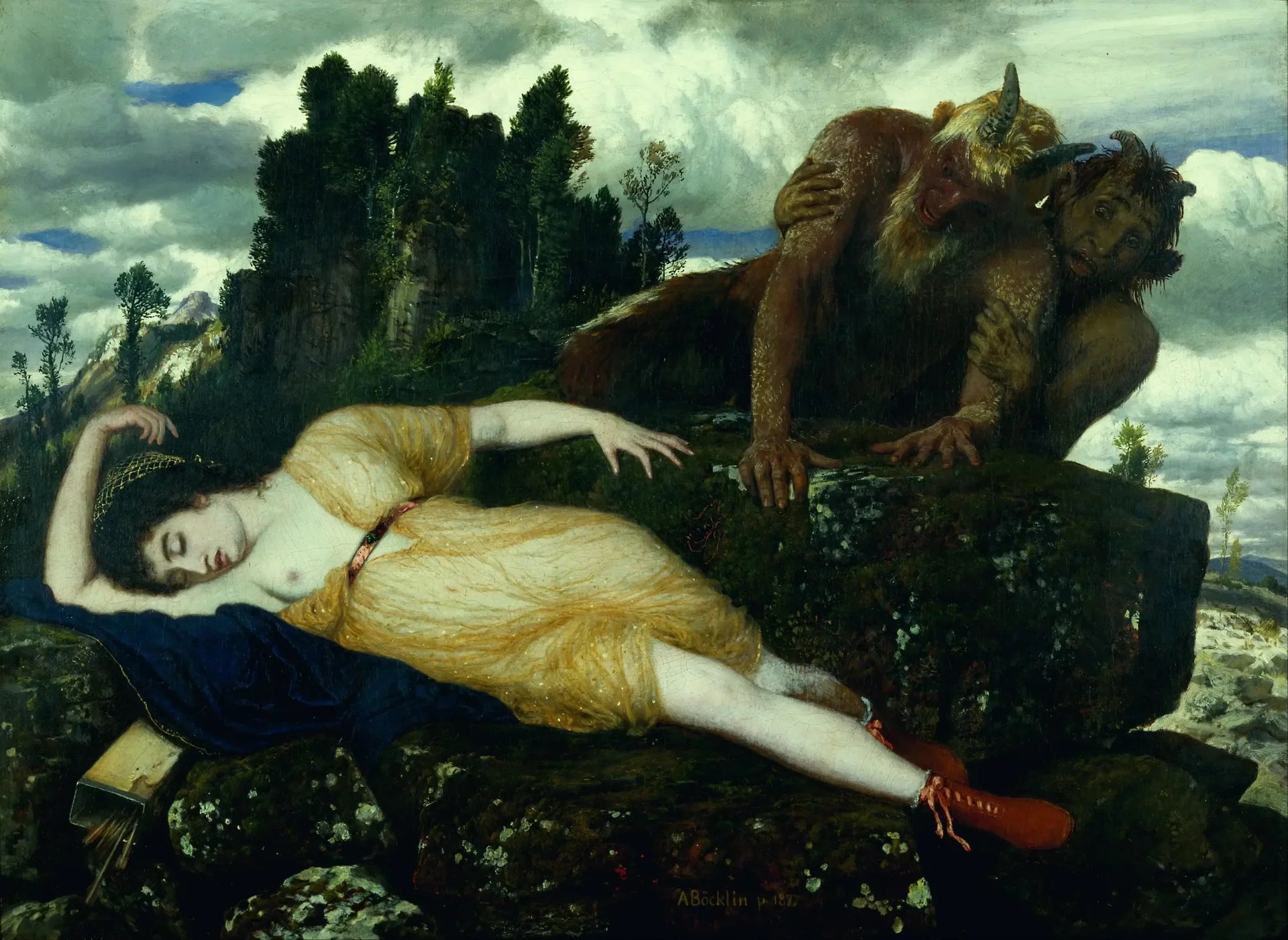 Diane endormie surveillée par deux faunes - Arnold Böcklin image 1 copie de tableau peinte à la main