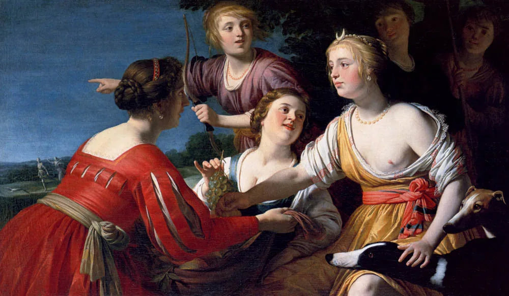 Diane se reposant après la chasse, avec des bergères et deux lévriers, un paysage au-delà - Gerrit van Honthorst image 1 reproduction de peinture à l’huile