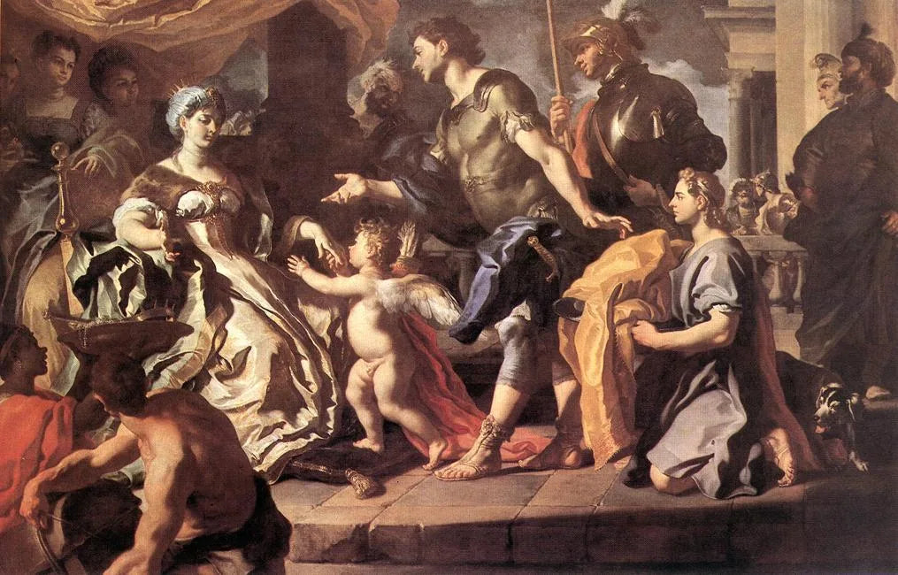 Didon recevant Énée et Cupidon déguisé en Ascagne - Francesco Solimena image 1 copie de tableau peinte à la main