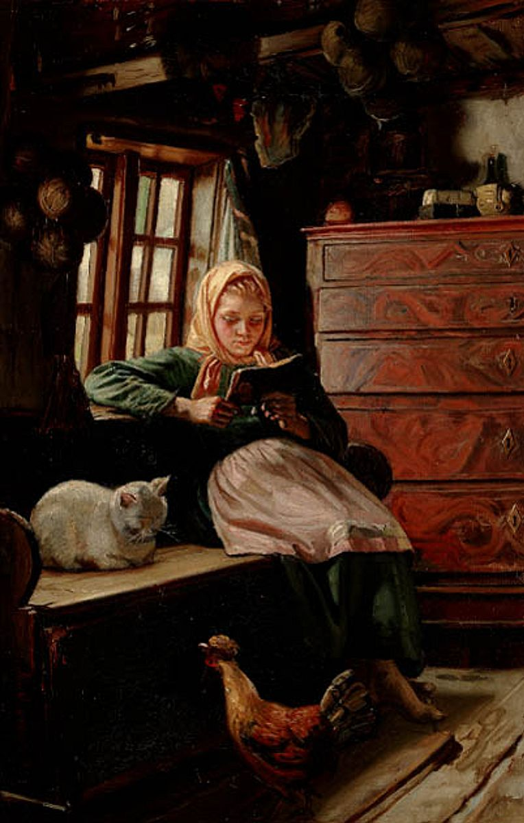 Dimanche après-midi dans une cabane de pêcheur. Une jeune fille qui lit. - Michael Peter Ancher image 1 reproduction de peinture à l’huile