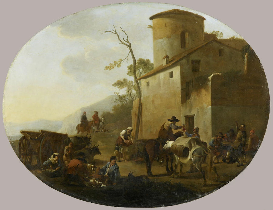 La Dînée des voyageurs, paysans mangeant près d'une auberge ou se délassant - Jan Miel