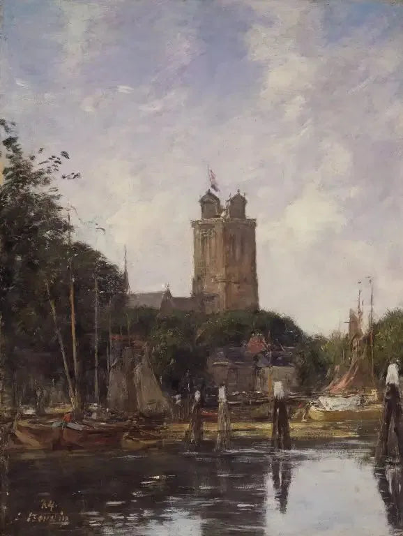 Dordrecht, la Grote Kerk depuis le canal - Eugène Boudin image 1 copie peinte à la main à l’huile