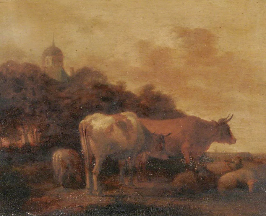 Du bétail dans un champ, un village au-delà d'un bois - Adriaen van de Velde