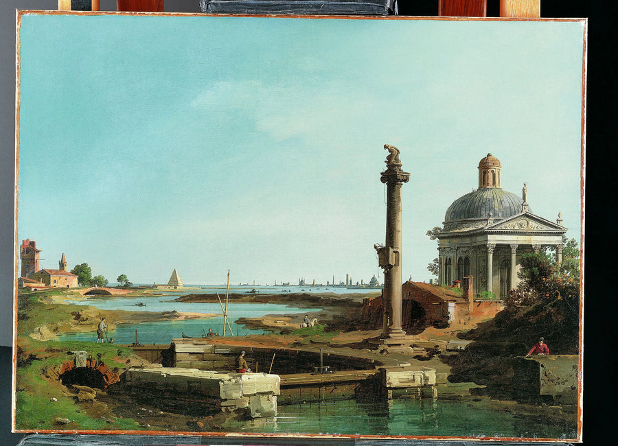 Une écluse, une colonne et une église au bord d'une lagune - Canaletto (Giovanni Antonio Canal)