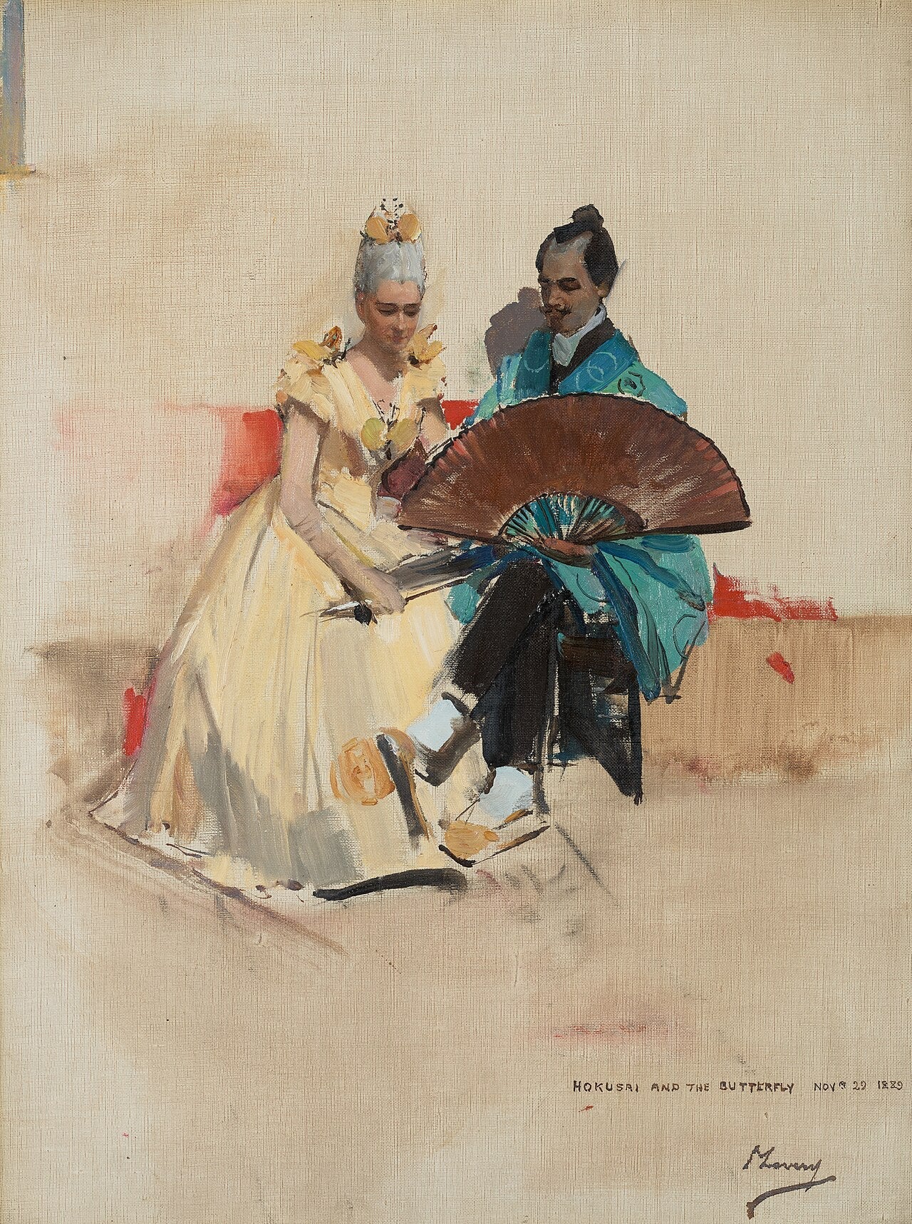 Edward Arthur Walton, 1860 - 1922. Artiste (Avec sa fiancée Helen Law ou Henderson, 1859 - 1945, devenue plus tard Mme Edward Arthur Walton, dans le rôle d'Hokusai et du Papillon) - John Lavery image 1 copie peinte à la main à l’huile