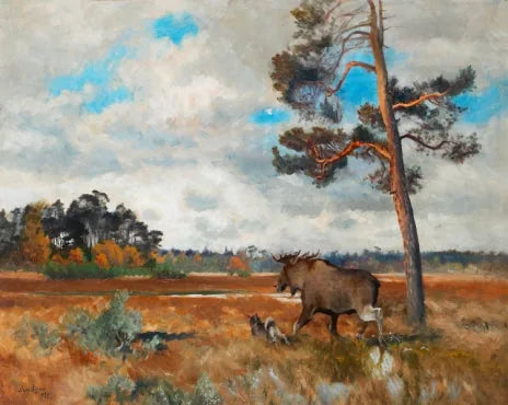 Élan et chien d'élan norvégien dans un paysage d'automne - Bruno Liljefors image 1 reproduction d’œuvre d’art à l’huile