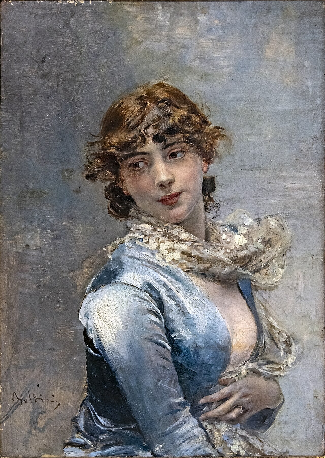 Élégante à la robe bleue - Giovanni Boldini image 1 copie peinte à la main à l’huile