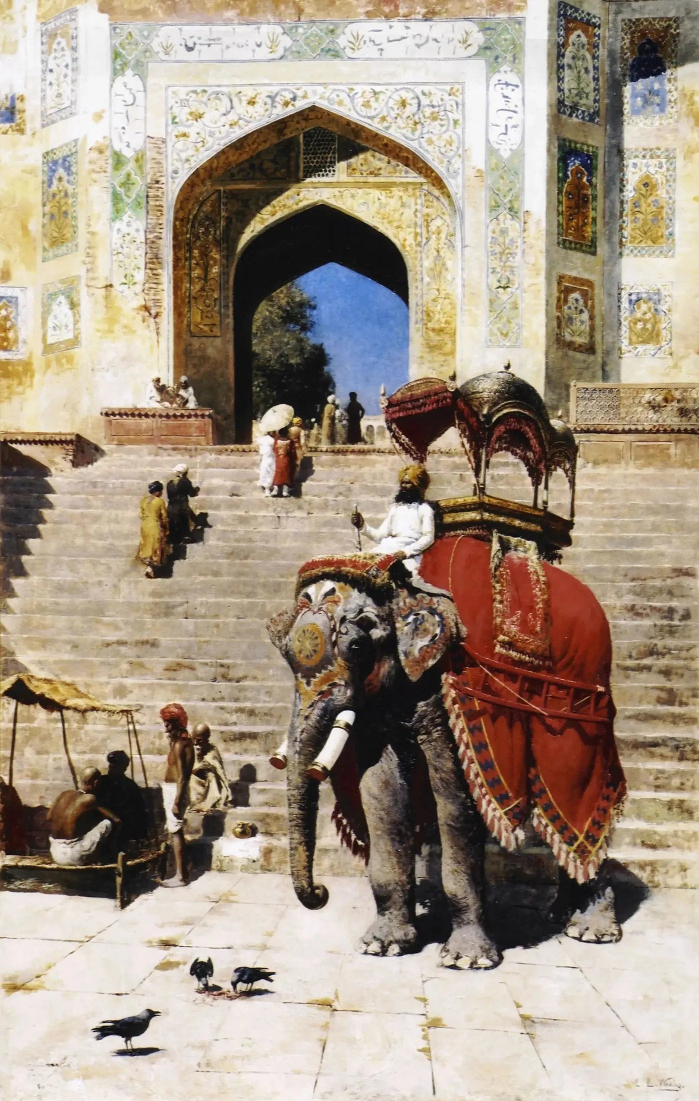 Éléphant royal à l'entrée de la mosquée Jami, Mathura - Edwin Lord Weeks image 1 reproduction d’œuvre d’art à l’huile