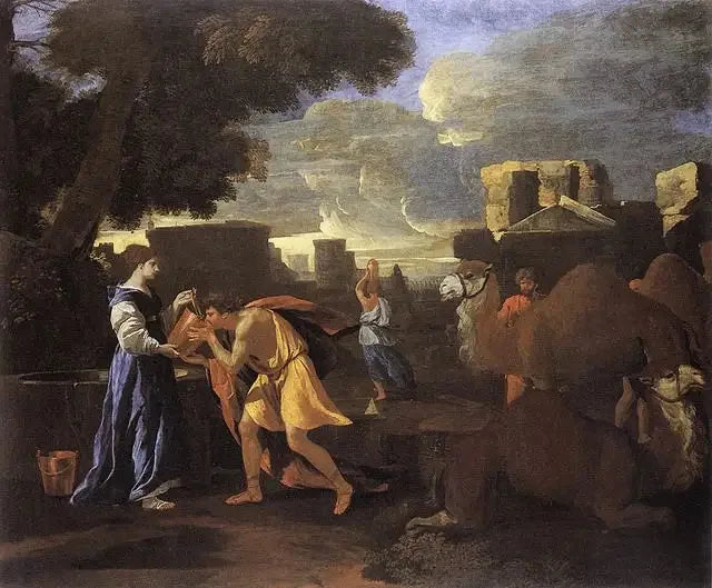 Éliézer et Rébecca au puits ou Rébecca étanchant la soif d'Éliézer. - Nicolas Poussin image 1 reproduction réalisée par Alpha Reproduction
