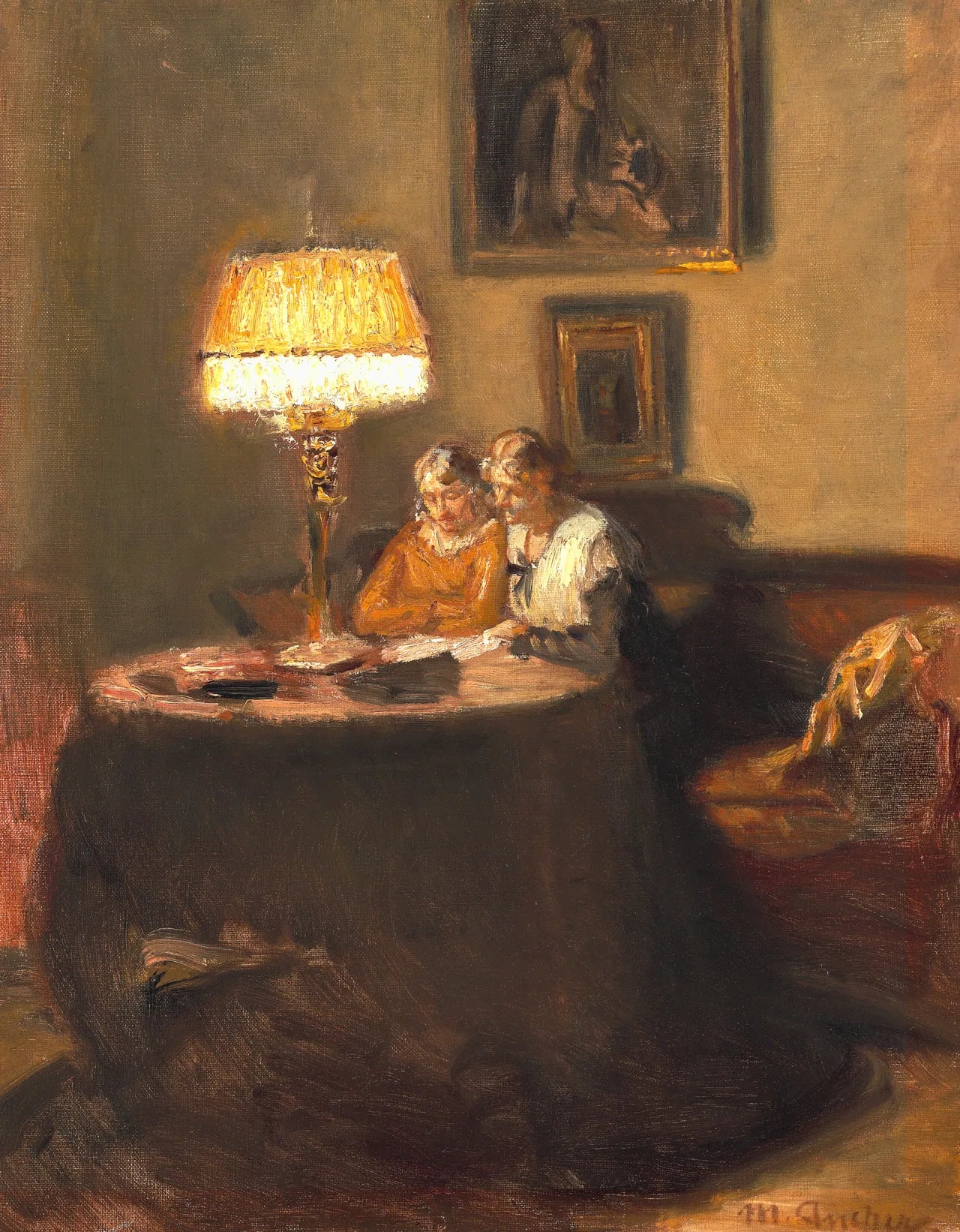 Ella et Engel, assis à la table sur le canapé rouge dans le studio de Michael Ancher, lisent un livre. - Michael Peter Ancher image 1 copie de tableau peinte à la main