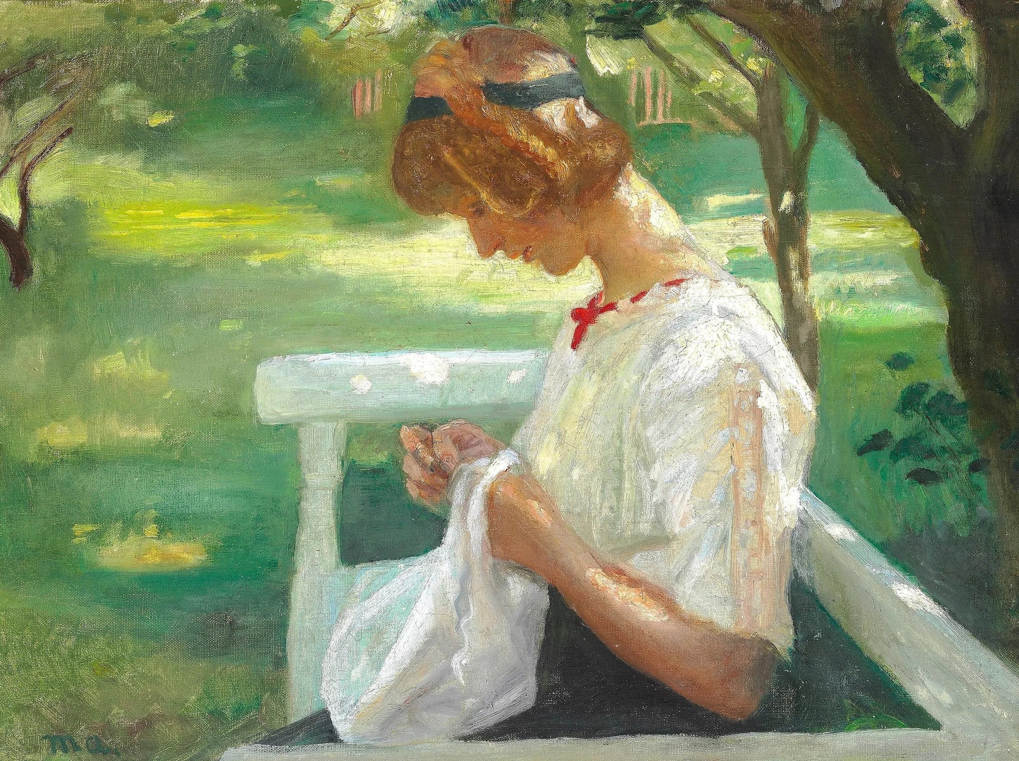 Ella Saxild coud dans le jardin par une journée d'été. - Michael Peter Ancher image 1 copie peinte à la main à l’huile