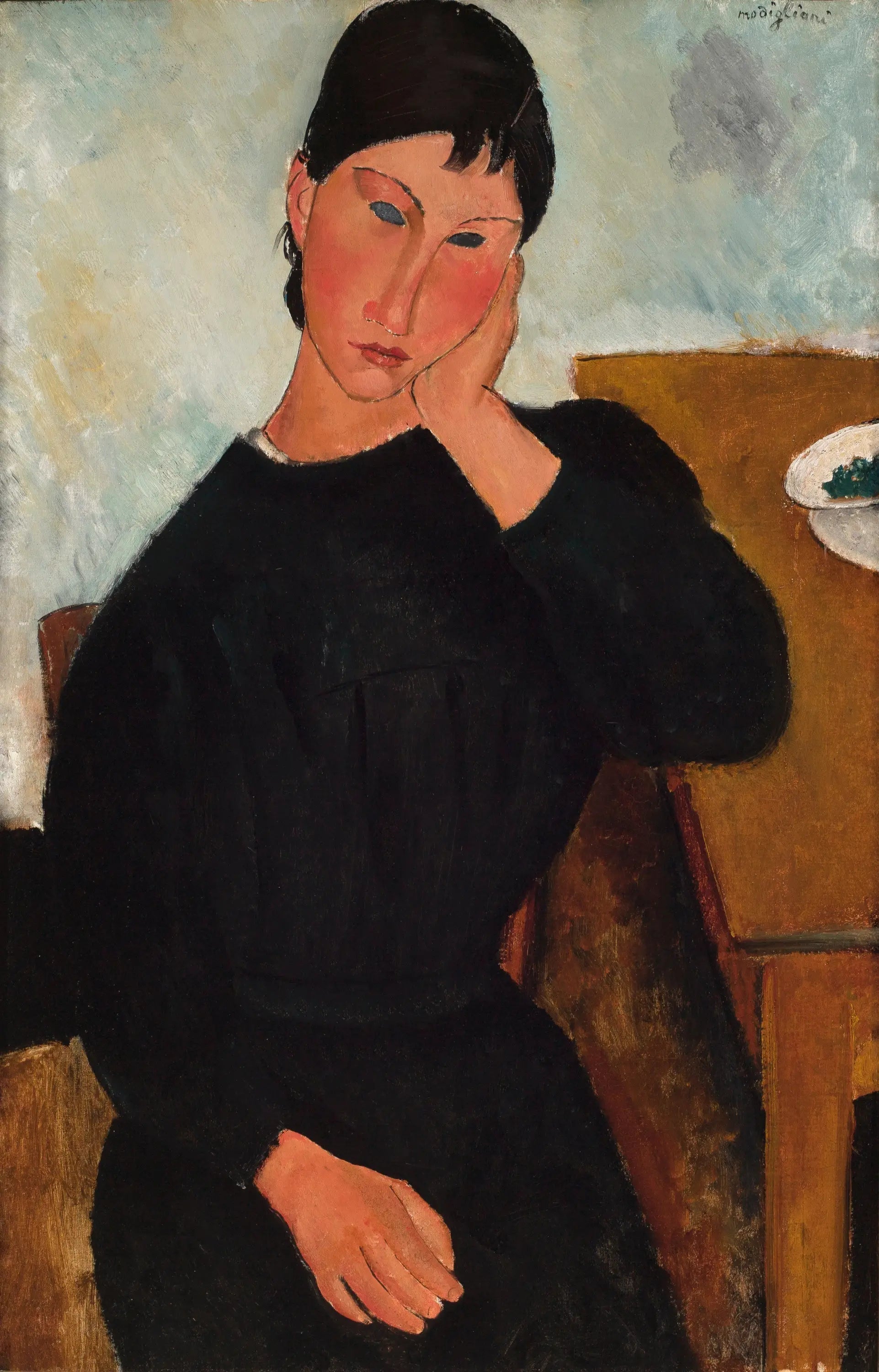 Elvire assise, accoudée à une table - Amedeo Modigliani image 1 copie peinte à la main à l’huile