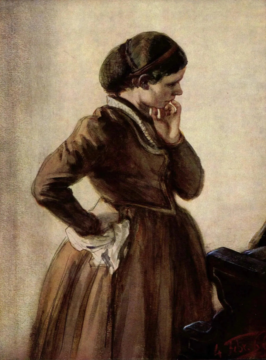 Emilie Menzel am Klavier stehend - Adolph von Menzel