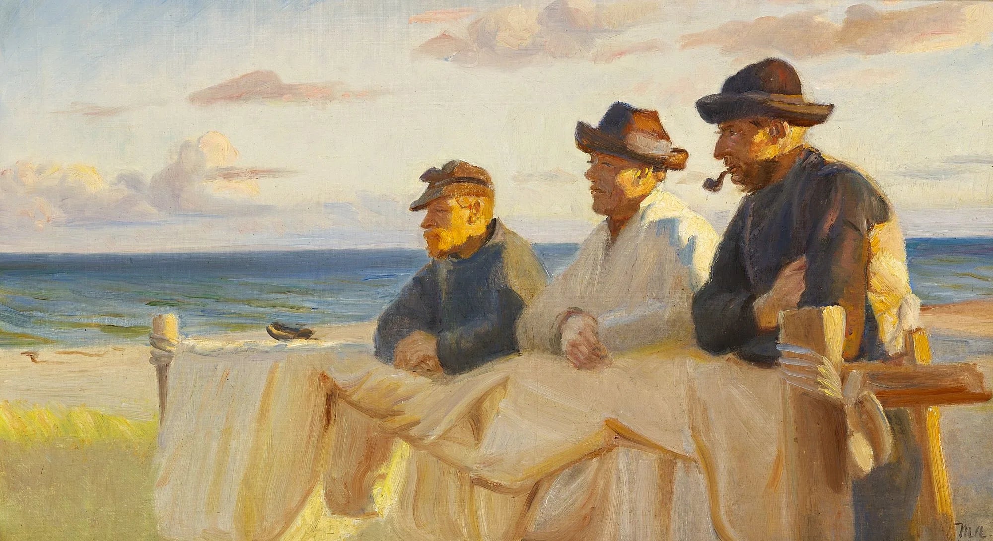 En fin de journée, trois pêcheurs profitent des derniers rayons du soleil. - Michael Peter Ancher image 1 reproduction artisanale de tableau