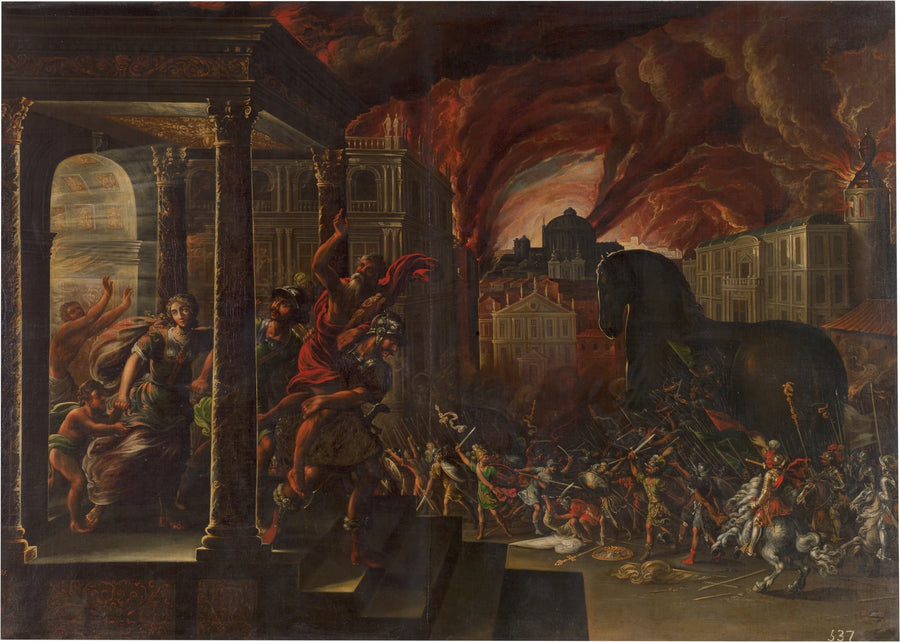 Enée et sa famille fuyant la ville de Troie en feu, avec le cheval de Troie en arrière-plan - Juan de la Corte