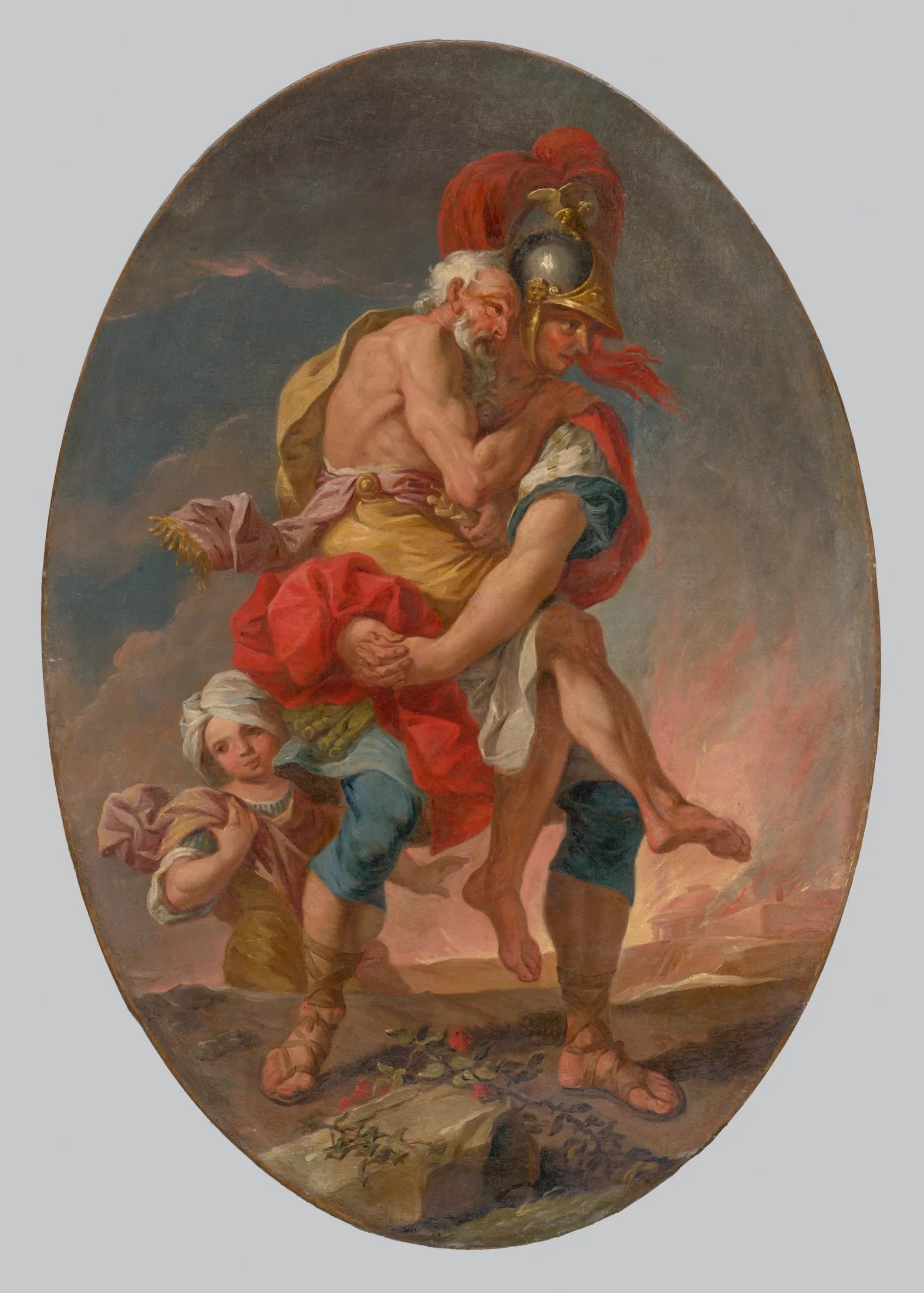 Énée sauve Anchise de Troie en flammes - Johann Heinrich Schönfeld image 1 reproduction d’œuvre d’art à l’huile