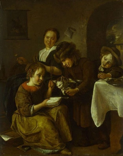 Enfants apprenant à lire à un chat - Jan Steen image 1 copie de tableau peinte à la main