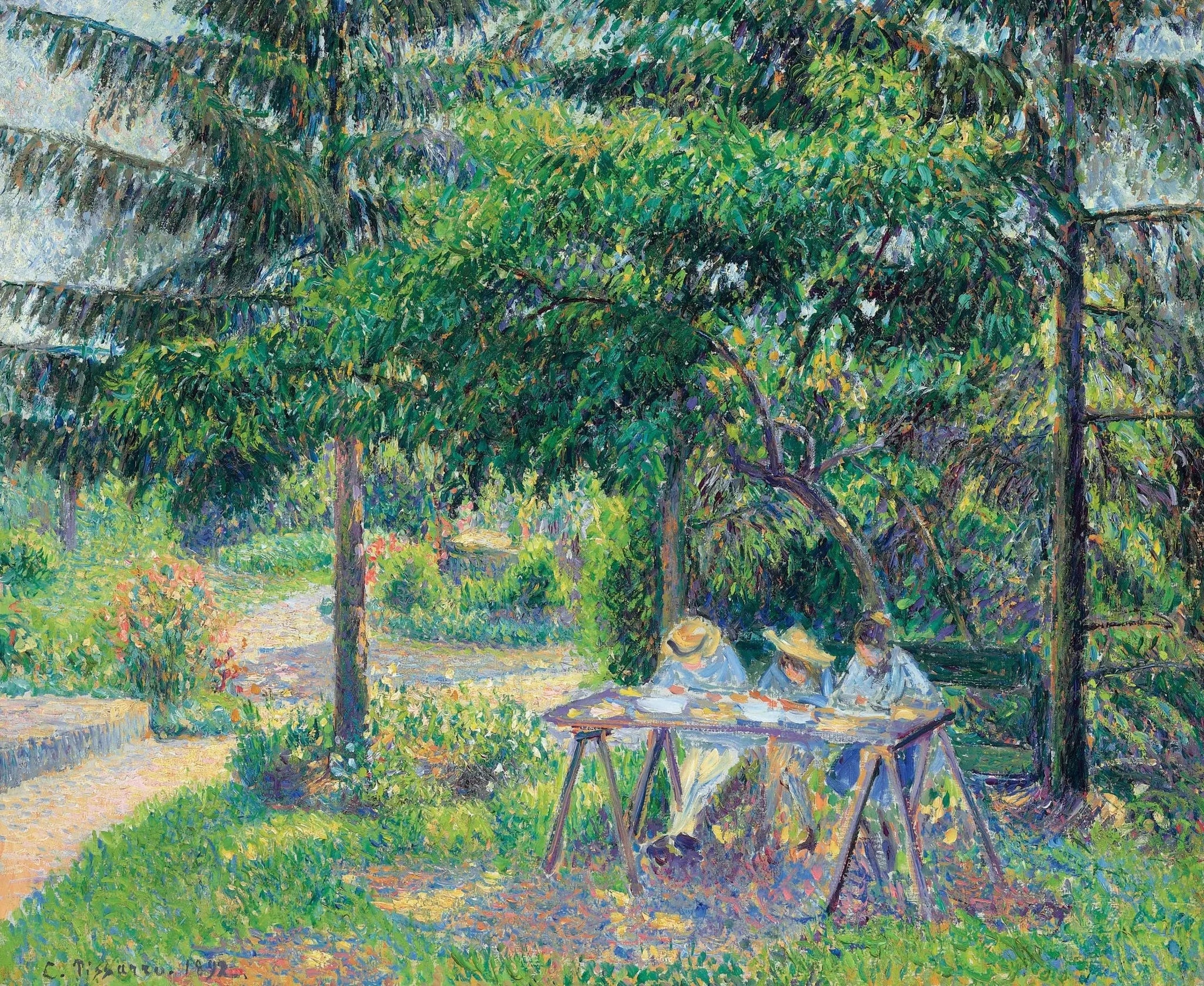 Enfants assis à une table dans le jardin, Éragny - Camille Pissarro image 1 reproduction d’œuvre d’art à l’huile