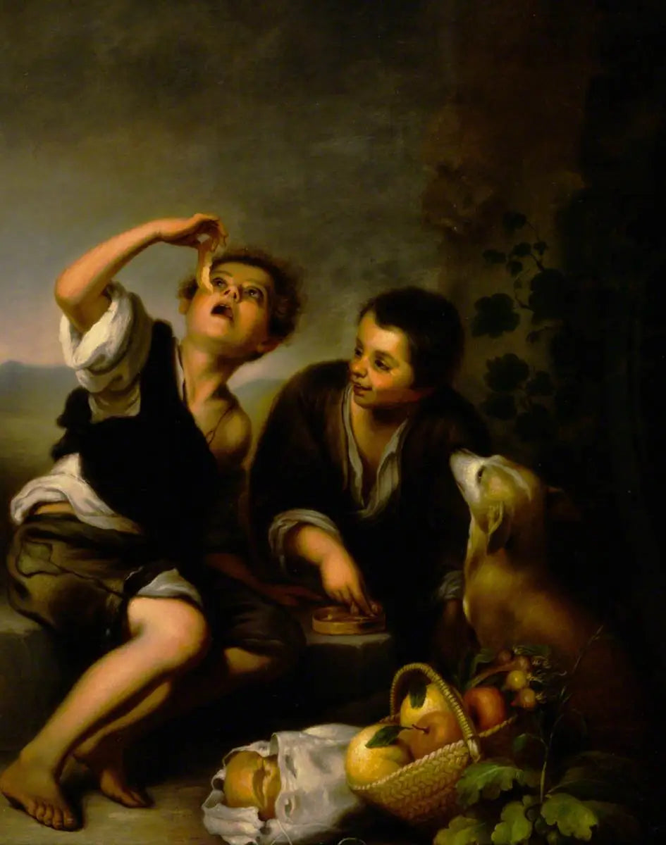 Enfants avec un chien et un panier de fruits (d'après Bartolomé Esteban Murillo) - Bartolomé Esteban Murillo image 1 reproduction réalisée par Alpha Reproduction