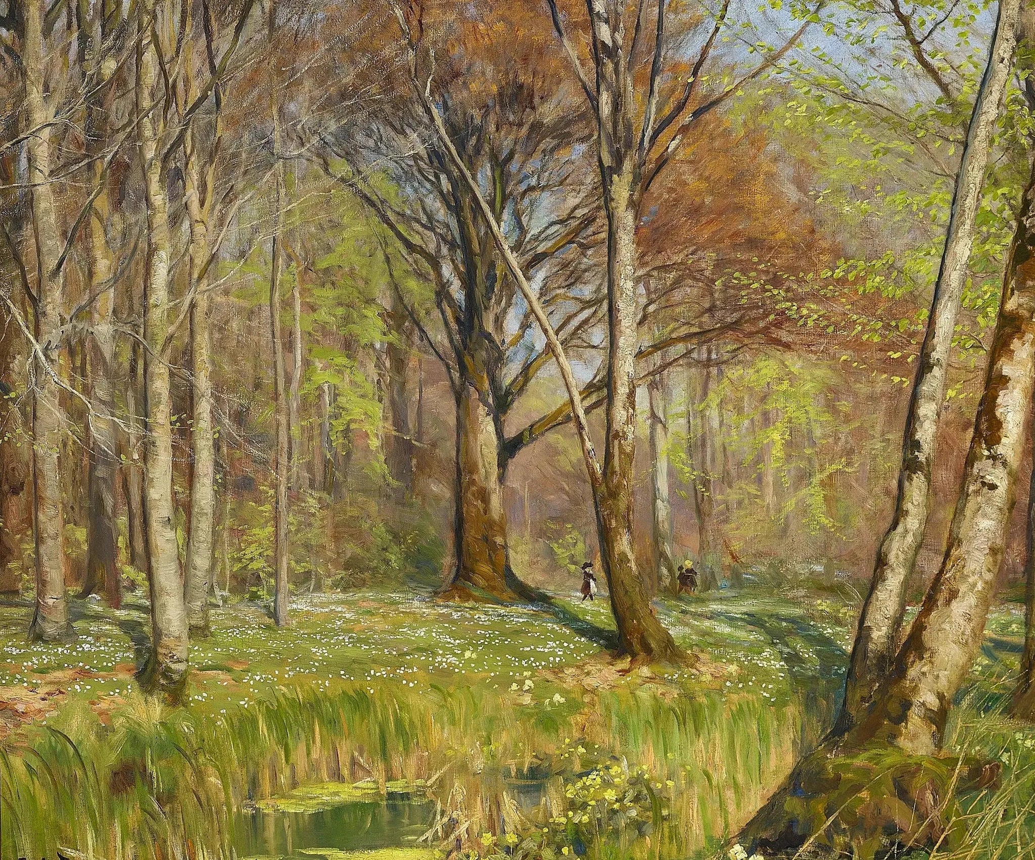 Enfants dans une forêt au printemps. Les anémones sont en fleurs. - H. A. Brendekilde image 1 copie de tableau peinte à la main