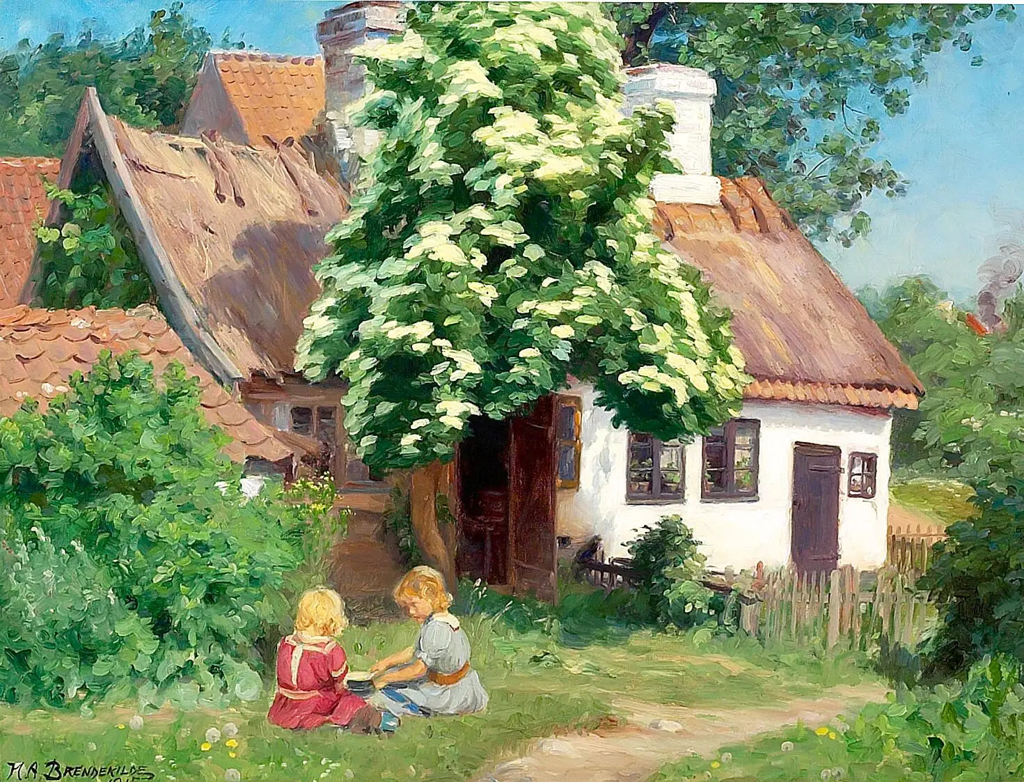 Enfants jouant devant une ferme. - H. A. Brendekilde image 1 tableau peint à l’huile sur toile