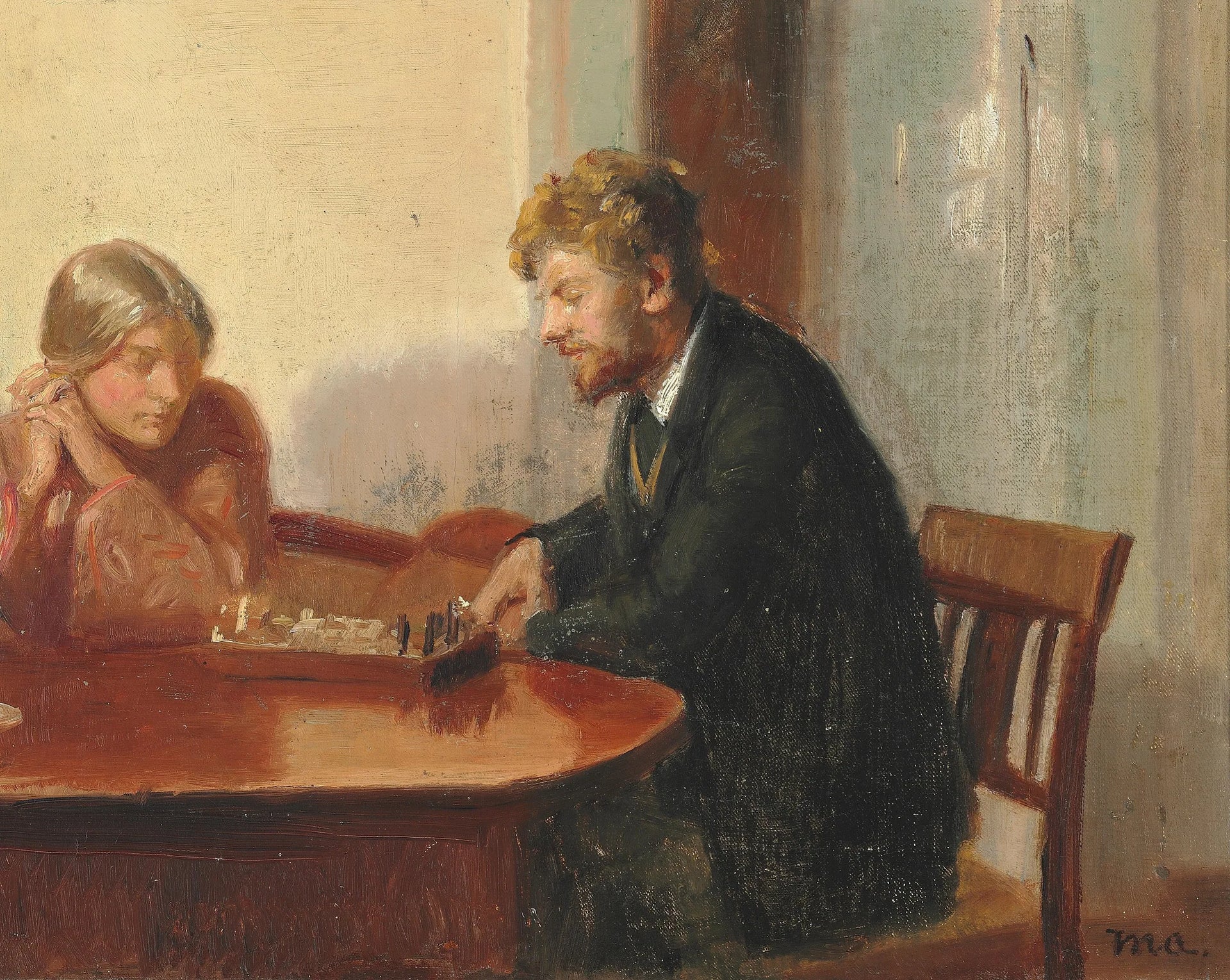 Engel Saxild et Henry Madsen jouent aux échecs dans la maison d'Ancher. - Michael Peter Ancher image 1 tableau peint à l’huile sur toile
