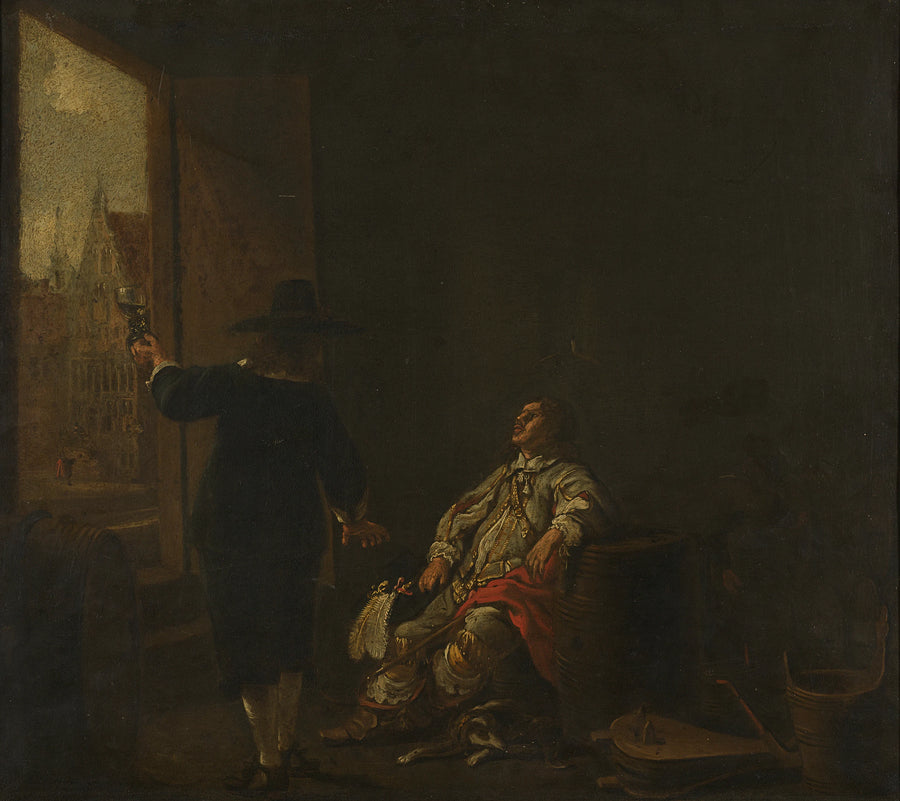 Enseigne du caviste : dégustation de vins (une face) ; les cuves des tonneaux de vin (autre face) - Albert Cuyp