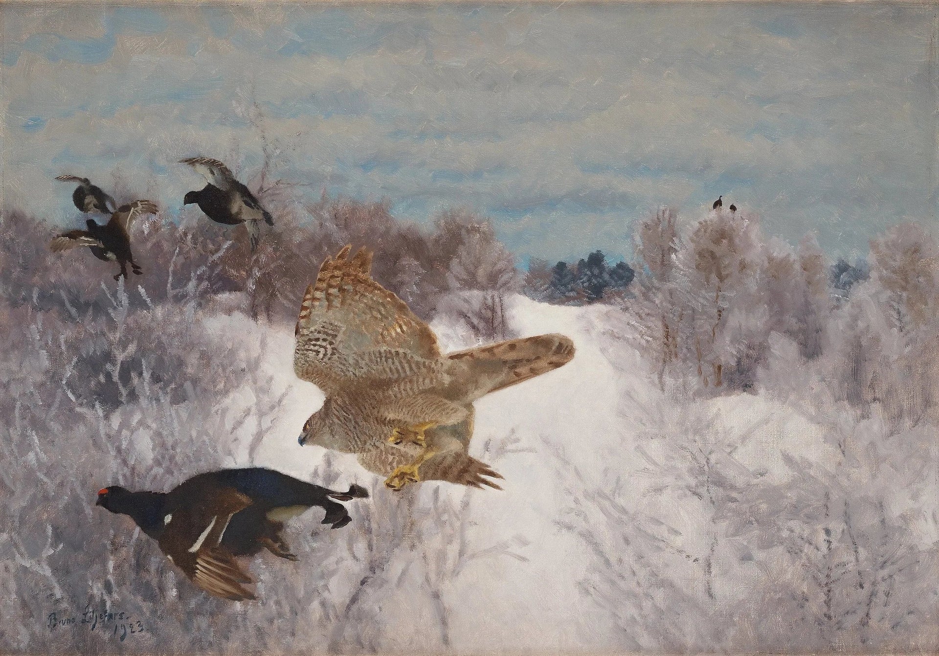 Épervier chassant le tétras lyre - Bruno Liljefors image 1 copie peinte à la main à l’huile