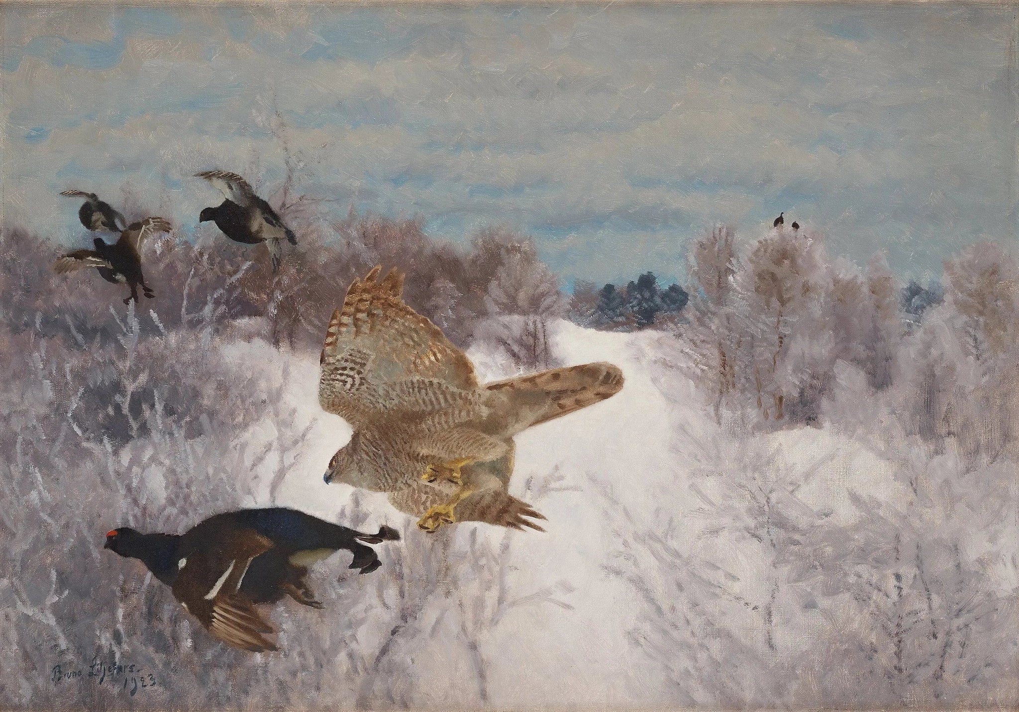 Épervier chassant le tétras lyre - Bruno Liljefors image 1 copie peinte à la main à l’huile