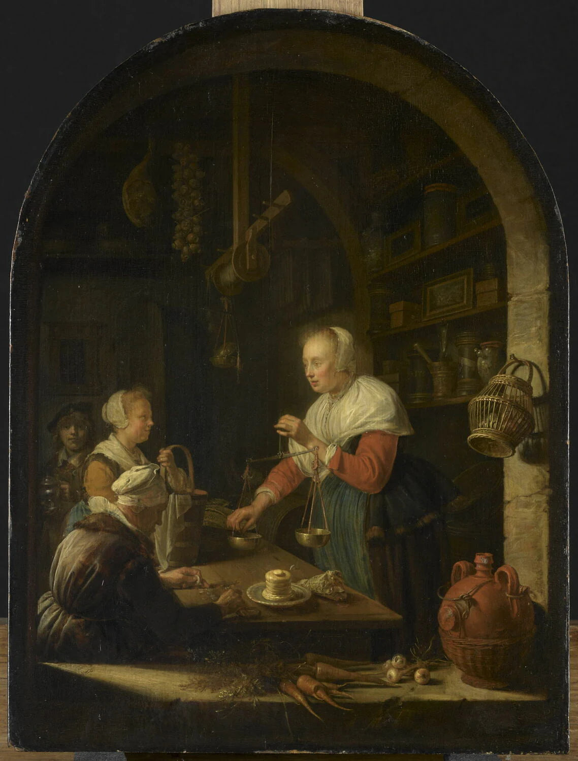 L'Épicière de village, avec le portrait du peintre à l'arrière-plan - Gerard Dou