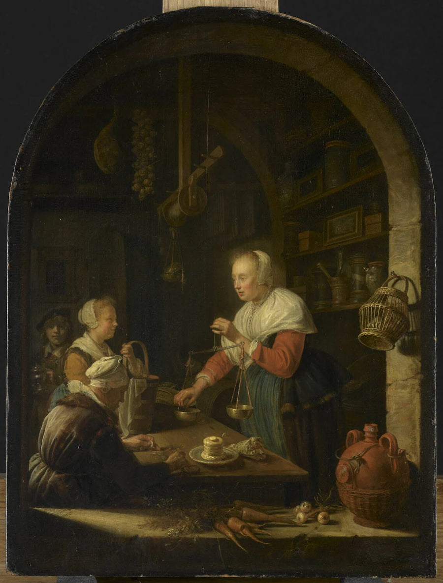 L'Épicière de village, avec le portrait du peintre à l'arrière-plan - Gerard Dou
