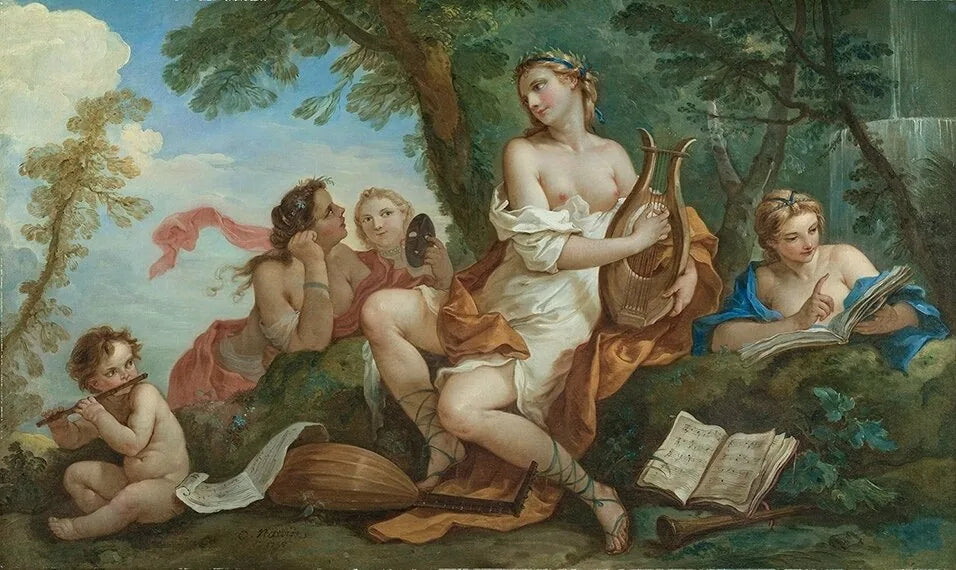 Érato jouant la sérénade pour Thalia, Euterpe et Melpomène - Charles-Joseph Natoire image 1 copie de tableau peinte à la main