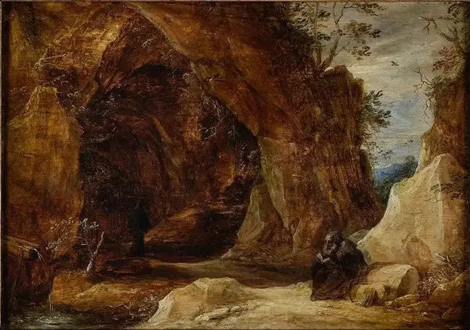 Ermite assise sur un rocher à l’entrée d’une grotte - David Teniers le Jeune image 1 reproduction artisanale de tableau