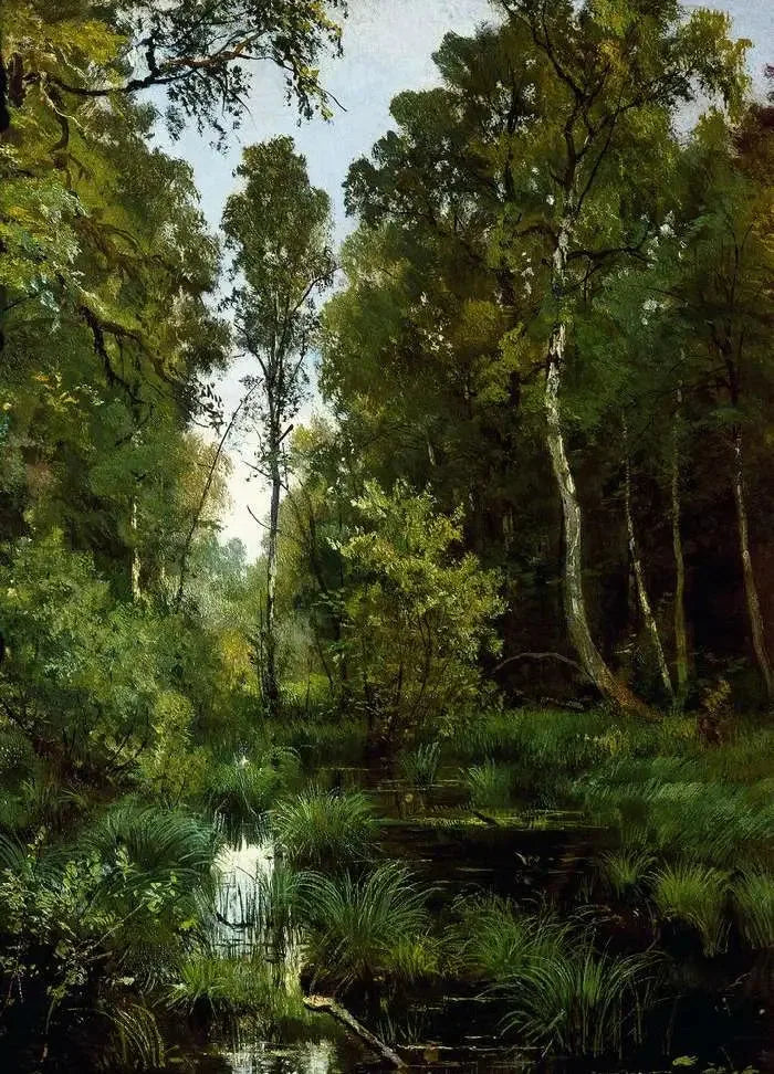 Étang envahi par la végétation à l'orée de la forêt. Siverskaya - Ivan Chichkine image 1 reproduction de peinture à l’huile