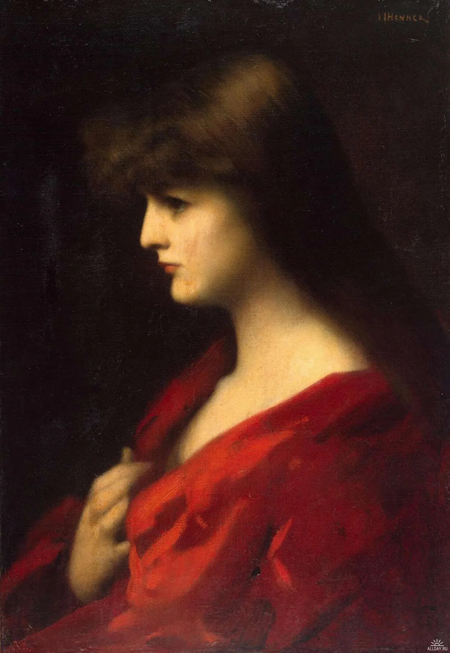 Étude de femme en rouge - Jean-Jacques Henner image 1 reproduction de peinture à l’huile