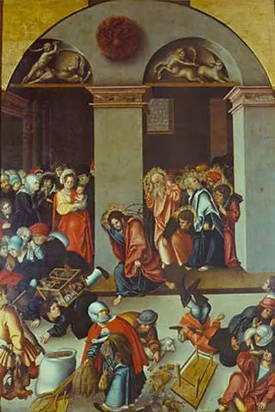 Expulsion des changeurs d'argent du temple - Lucas Cranach the Elder image 1 copie de tableau peinte à la main