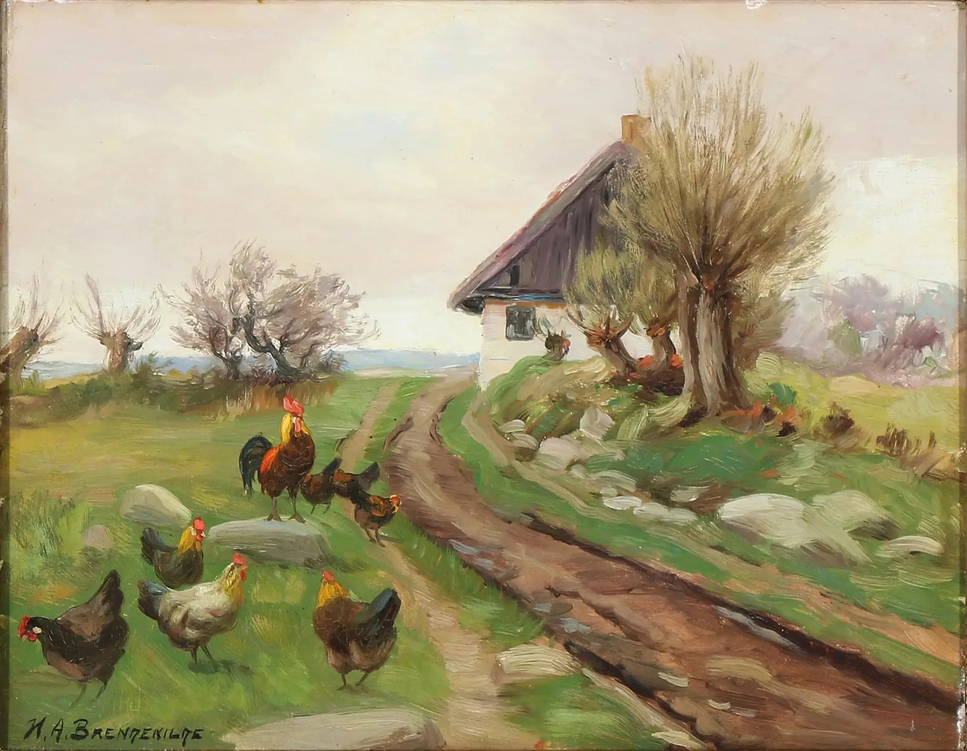 Extérieur de la ferme avec des poules - H. A. Brendekilde image 1 reproduction artisanale de tableau