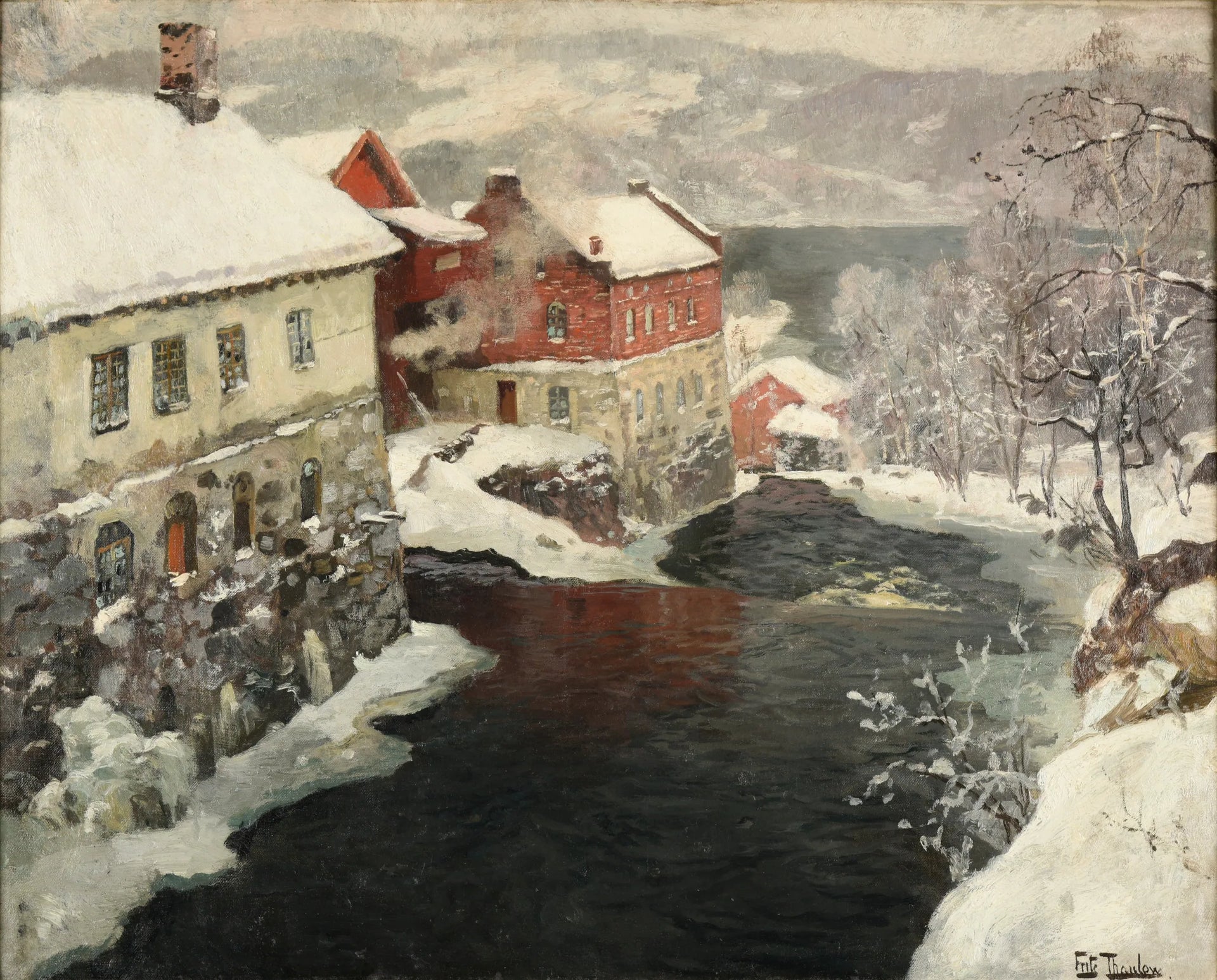 Fabriques en Norvège, les deux moulins sur la rivière Mesma - Frits Thaulow image 1 reproduction d’œuvre d’art à l’huile