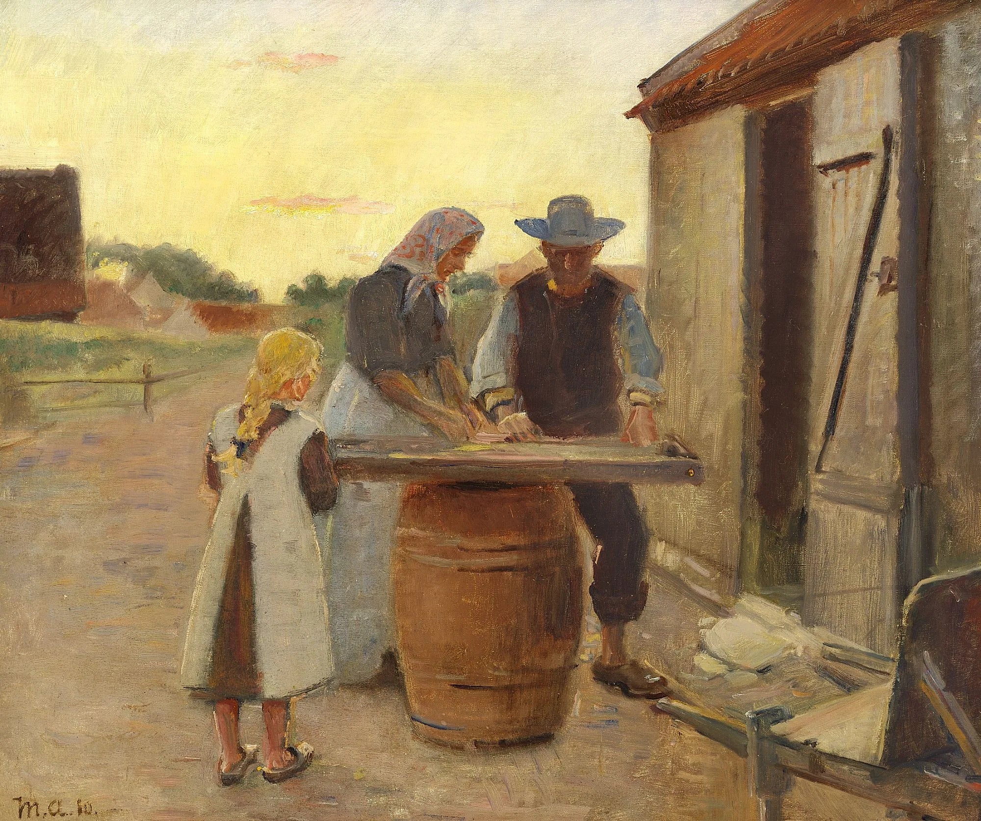 Famille de pêcheurs au coucher du soleil - Michael Peter Ancher image 1 copie de tableau peinte à la main
