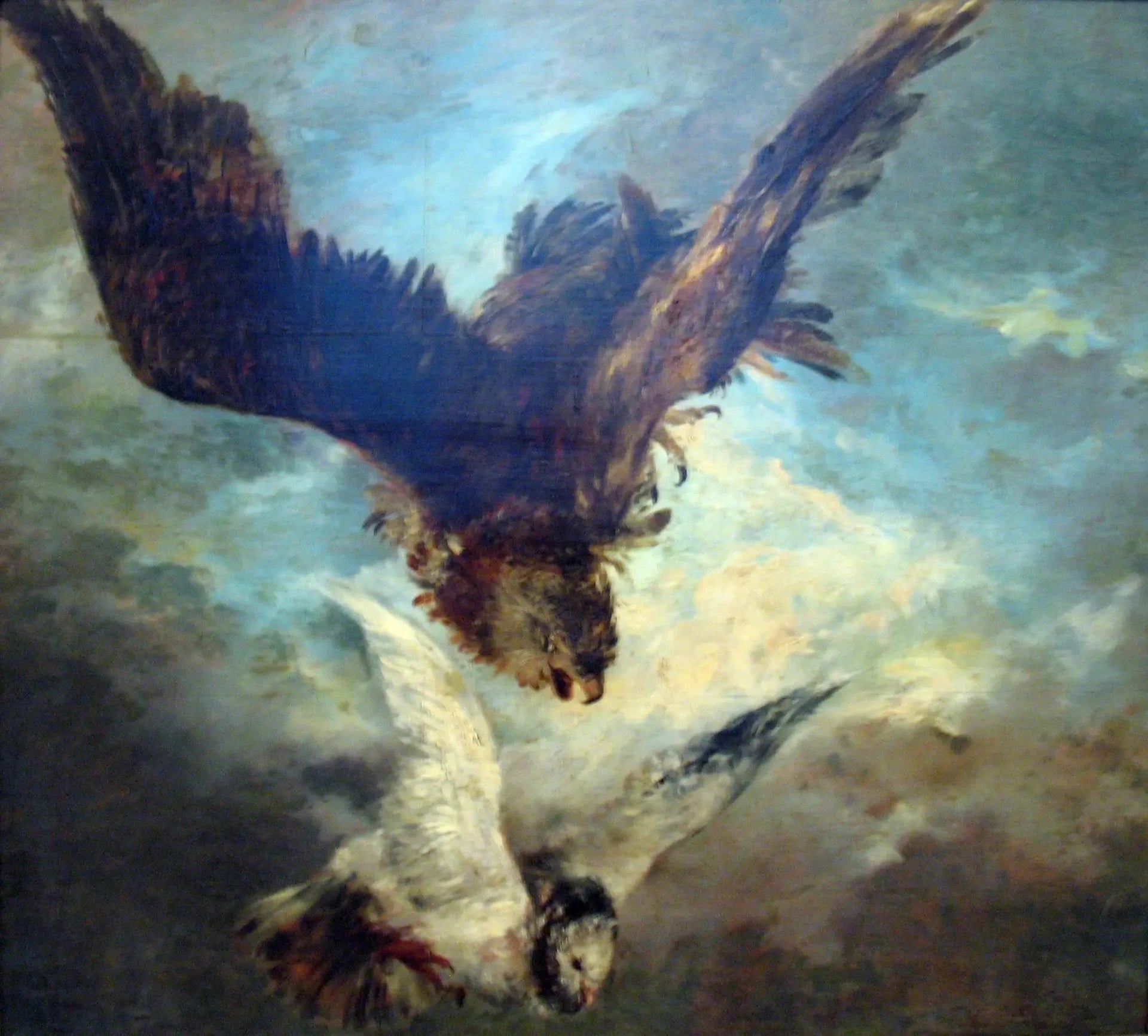 Faucon attaquant un pigeon - Adolph von Menzel image 1 reproduction de peinture à l’huile