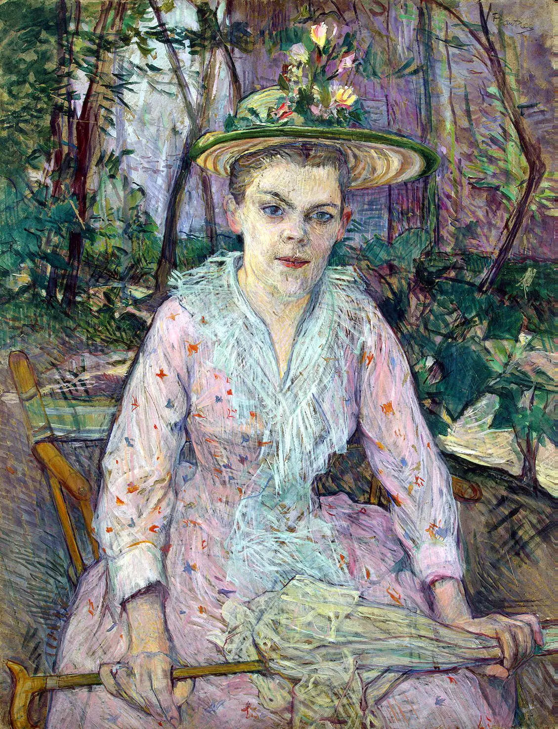 Femme à l'ombrelle, dite Berthe la Sourde, assise dans le jardin de M. Forest - Henri de Toulouse-Lautrec image 1 reproduction d’œuvre d’art à l’huile