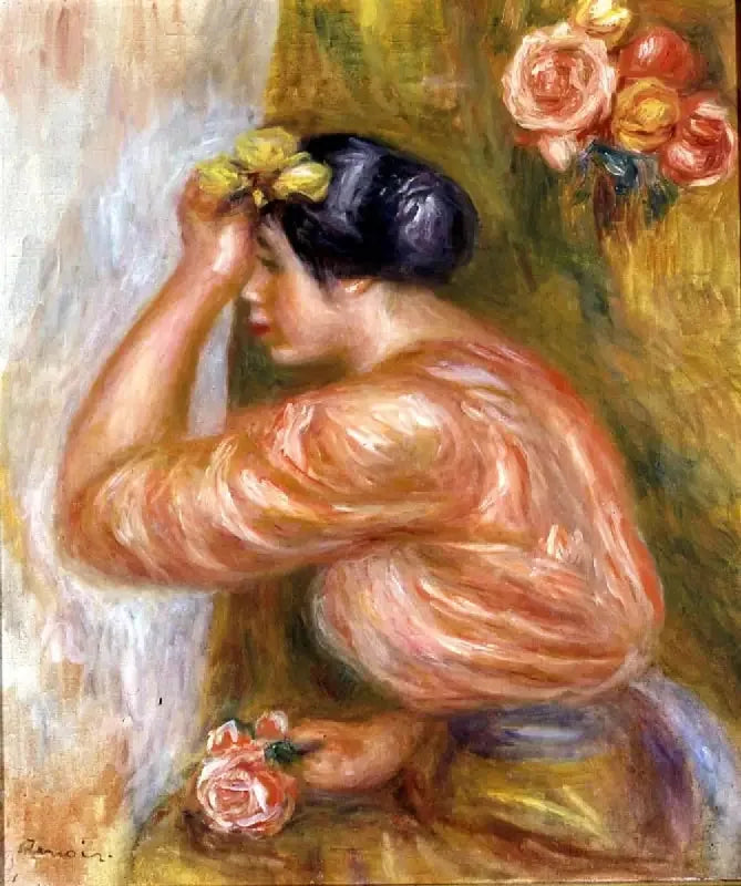 Femme à la rose devant le miroir - Pierre-Auguste Renoir image 1 tableau peint à l’huile sur toile